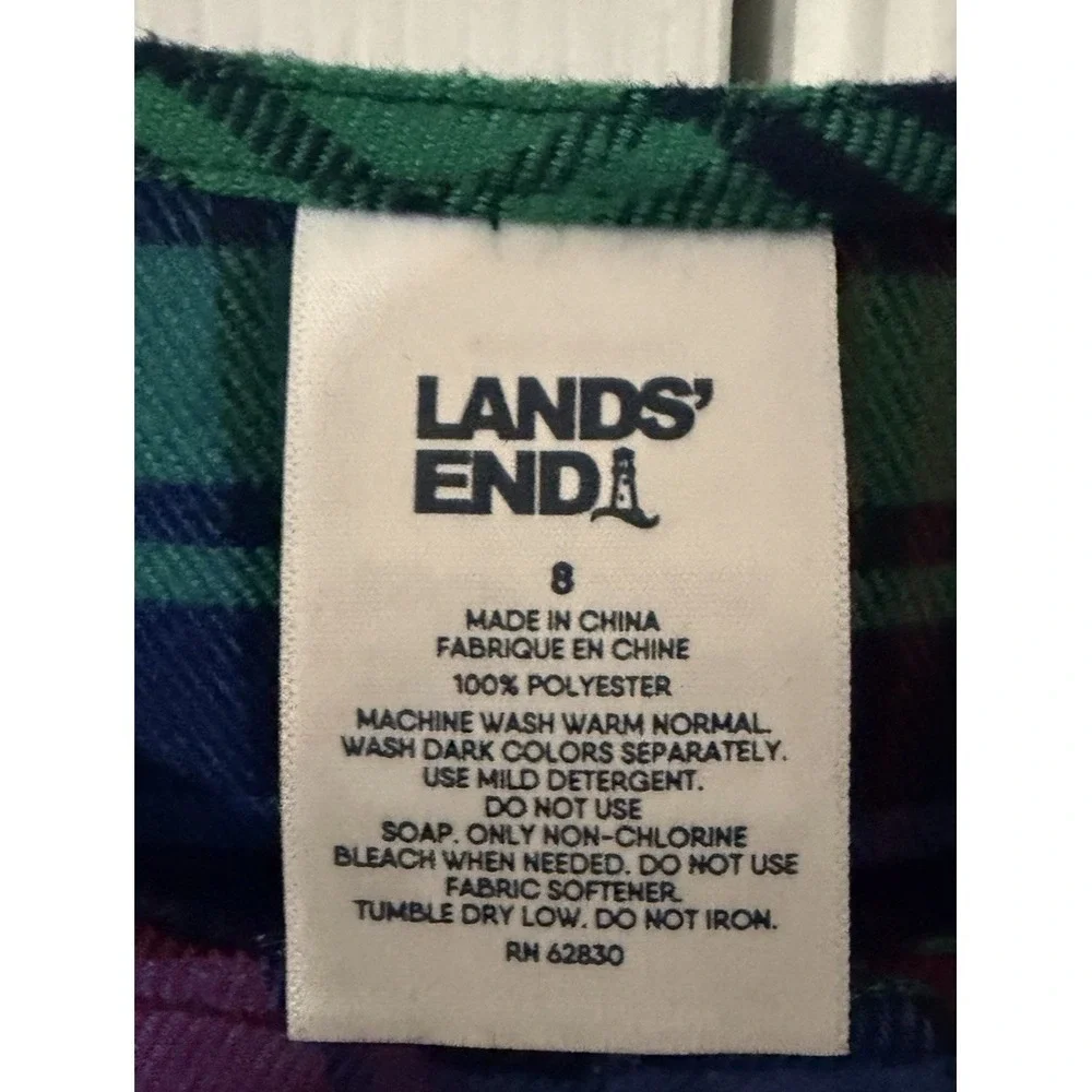 Lands End Plaid Flannel Nightgown Girls Size 8 Blue Green Tartan Holiday Classic